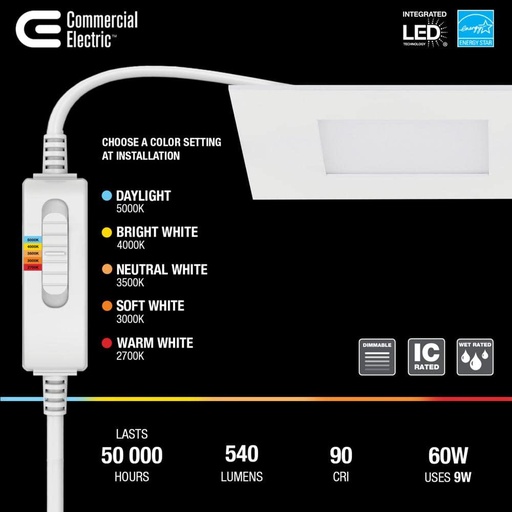 Ultra Slim Integrated LED 4 in Square Adj Color Temp Canless Recessed Light for Kitchen Bath Living rooms, White